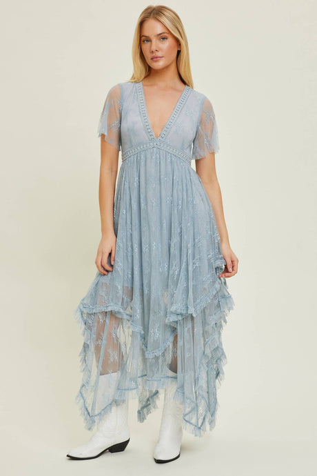 Dusty Blue Deep V Neck Embellished Lace Hem Dress