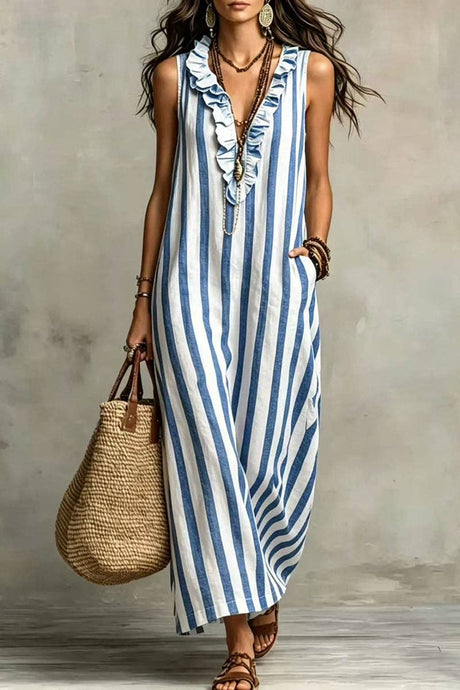 Blue Stripe Ruffle V-Neck Pocket Dress
