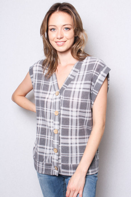 Black White Fuzzy Plaid Button Front Sweater Vest Top