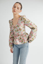 Pink Floral Jacquard Peplum Blouse