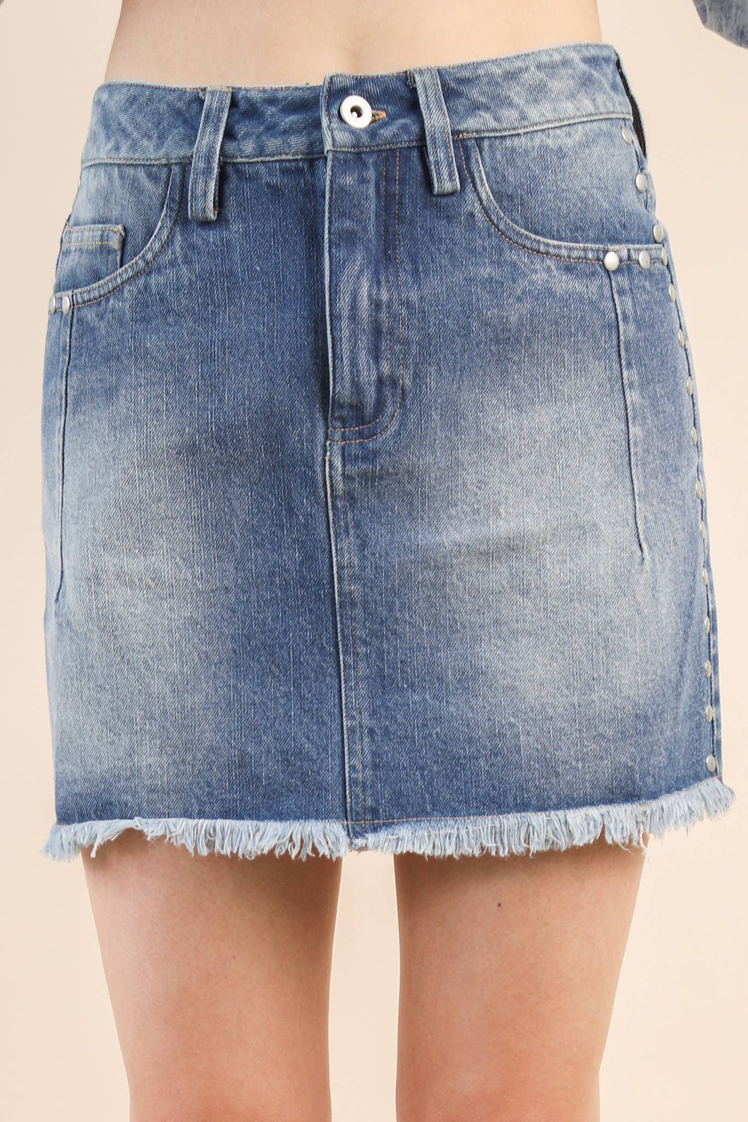 Denim Side Stud Detail Washed Denim Mini Skirt
