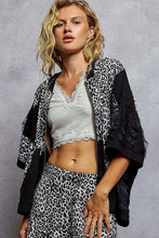 Black 3/4 sleeve lace detail leopard zip up hoodie knit print POL top