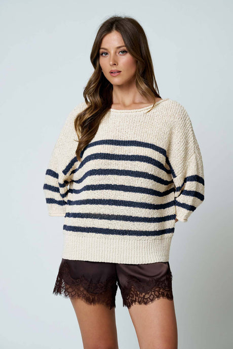 Navy Stripe Textured Knit Half Sleeve Sweater