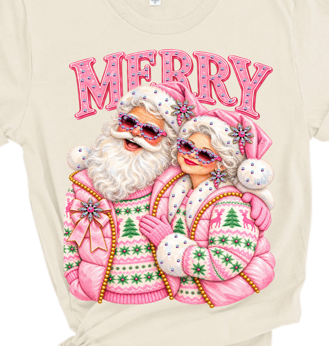 Natural Mrs. and Mr. Claus Sweater Blingy Rhinestone Graphic Tee