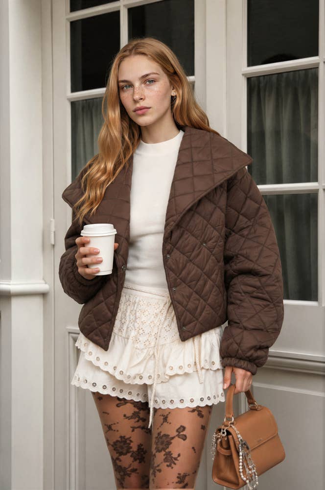 Chocolate Brown Quilted Shawl Collar Cropped Jacket
