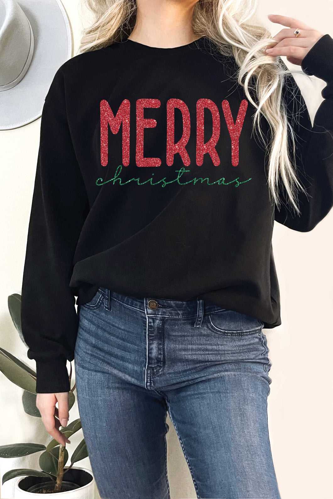 Black Merry Christmas Glitter Graphic Sweatshirt