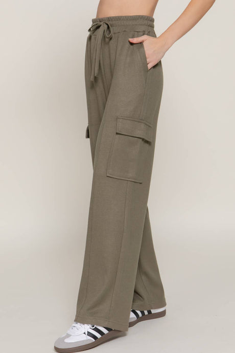 Olive Waistband Drawstring Side Pocket Knit Corduroy Long Pants