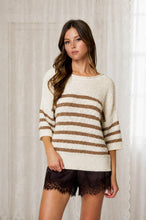 STRIPE TEXTURED KNIT HALF SLEEVE KNIT SWEATER (PRE-ORDER): NAVY