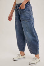 Med Wash Denim Mid Waist Drawstring Barrel Jeans