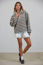 Blue Brown Relaxed Sherpa Striped Half Zip Pullover