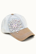 Light Denim Tan Sunflower Bejeweled Glitz Two-Toned Cap, Adjustable: