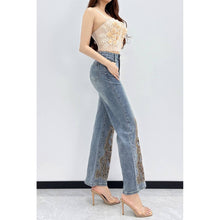 Blue Embroidered Rhinestone Detail Denim Pants
