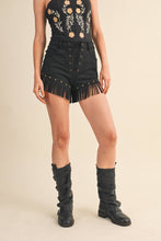 Black Suede Fringe Stud Front Lace Up Shorts