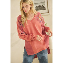 Rustic Red Washed Fabric Floral Embroidery Ruched Sleeve Oli+Hali Top