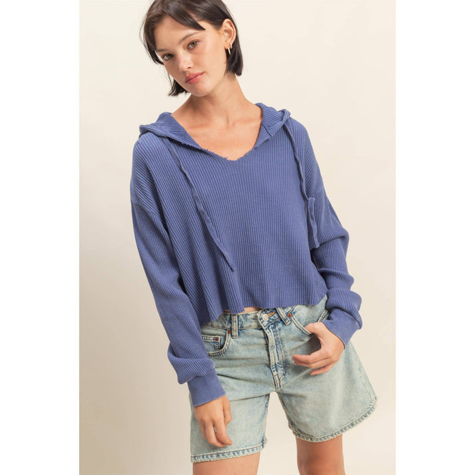 Dusty Indigo Mineral Washed Cropped Waffle Knit Hoodie
