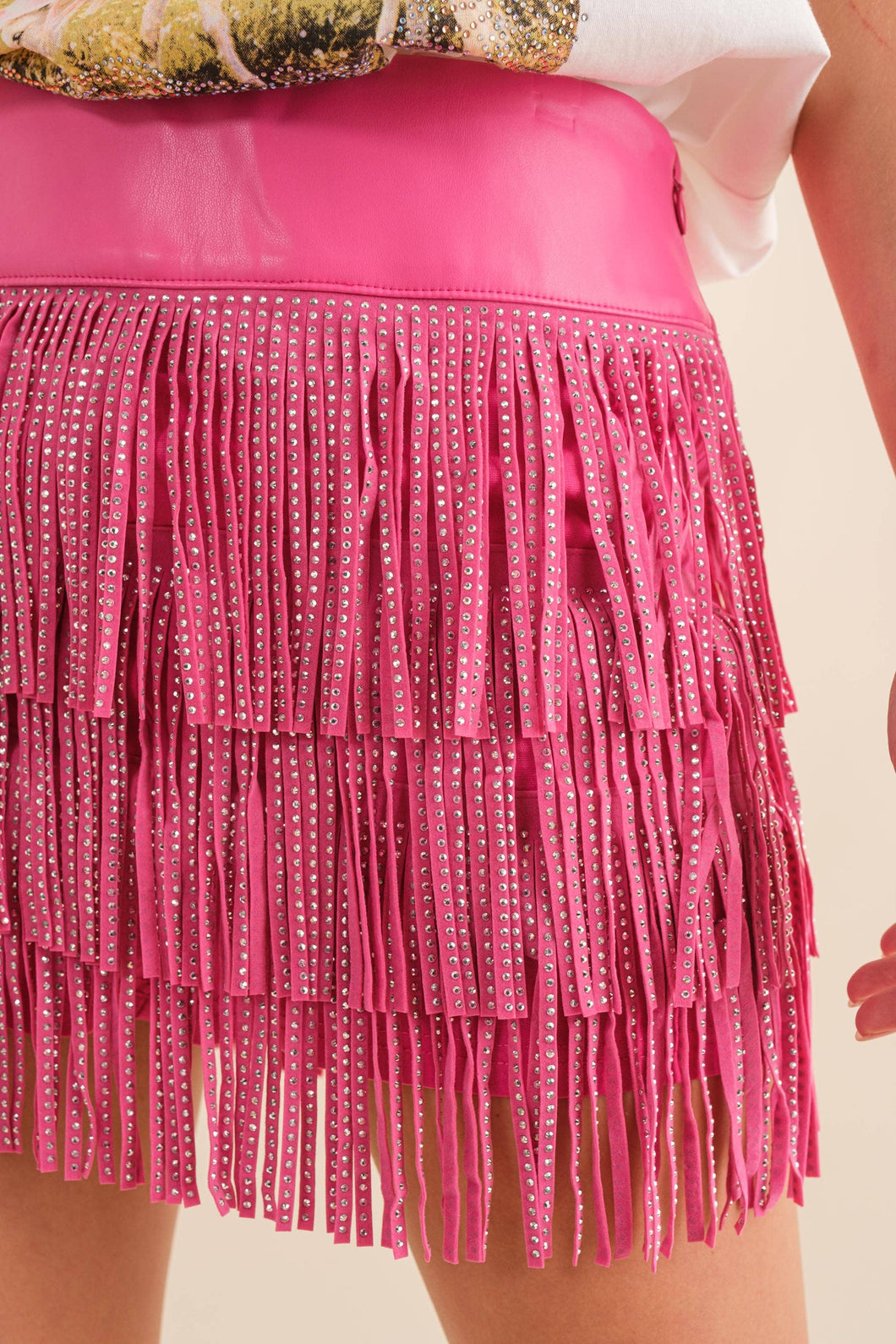 Hot Pink Wide Faux Leather Waist Tiered Fringe Studded Short