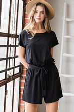 Black Solid Bulgari Romper with Belt and Keyhole Back