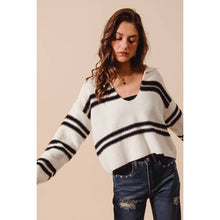 FUZZY HAIRY STRIPE DEEP U NECK SWEATER TOP: MUSTARD/DT BLUE / XL