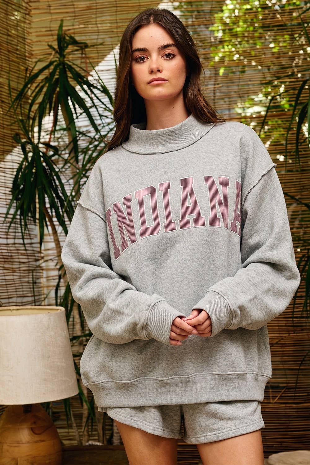 Heather Grey Crimson Stripe 'INDIANA' Stripe Embroidered Sweatshirt