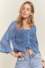 Denim Front Drawstring Accent Crochet Top