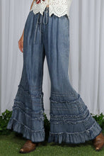 Washed Denim Flared Ruffle Hem Washed Chambray Crop Denim Pants