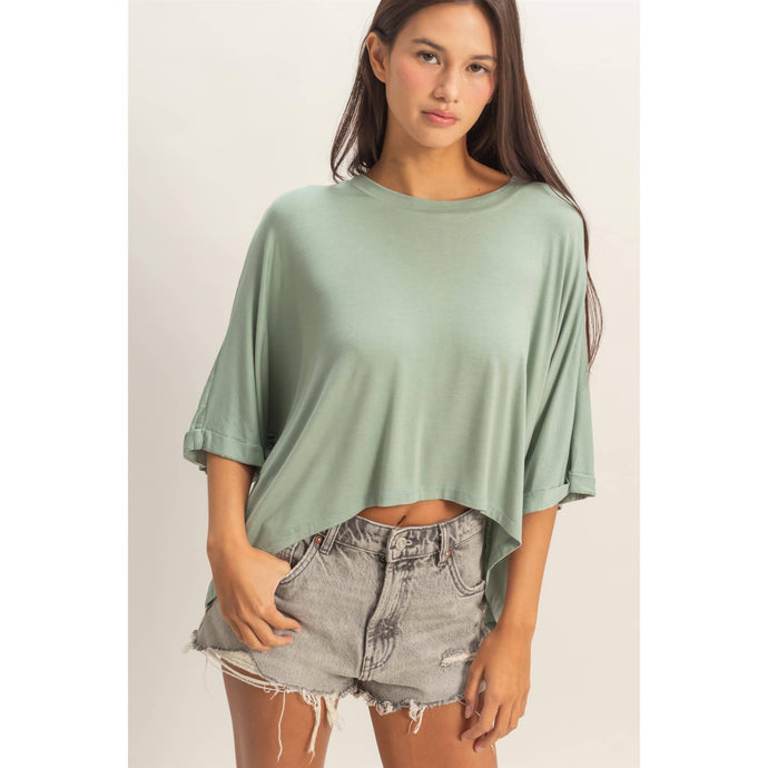 Sage Green Relaxed High-Low Batwing Sleeve Top