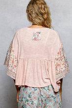 Blush Pink Rib Floral Pattern Round Neck Short Sleeve POL Top