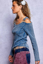 Vintage Washing Solid Buckle Open Shoulder Knit Thermal Top: PALE OLIVE