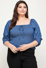 Blue Plus Size Smocked Chambray Peplum Top