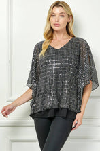Black Silver Moonlight Hologram Sequin Layered Poncho Blouse