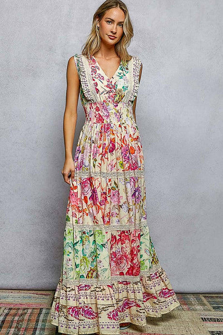 Cream Multi Feminine V-neck Smocked Waist Ruffle Floral Maxi POL Dress