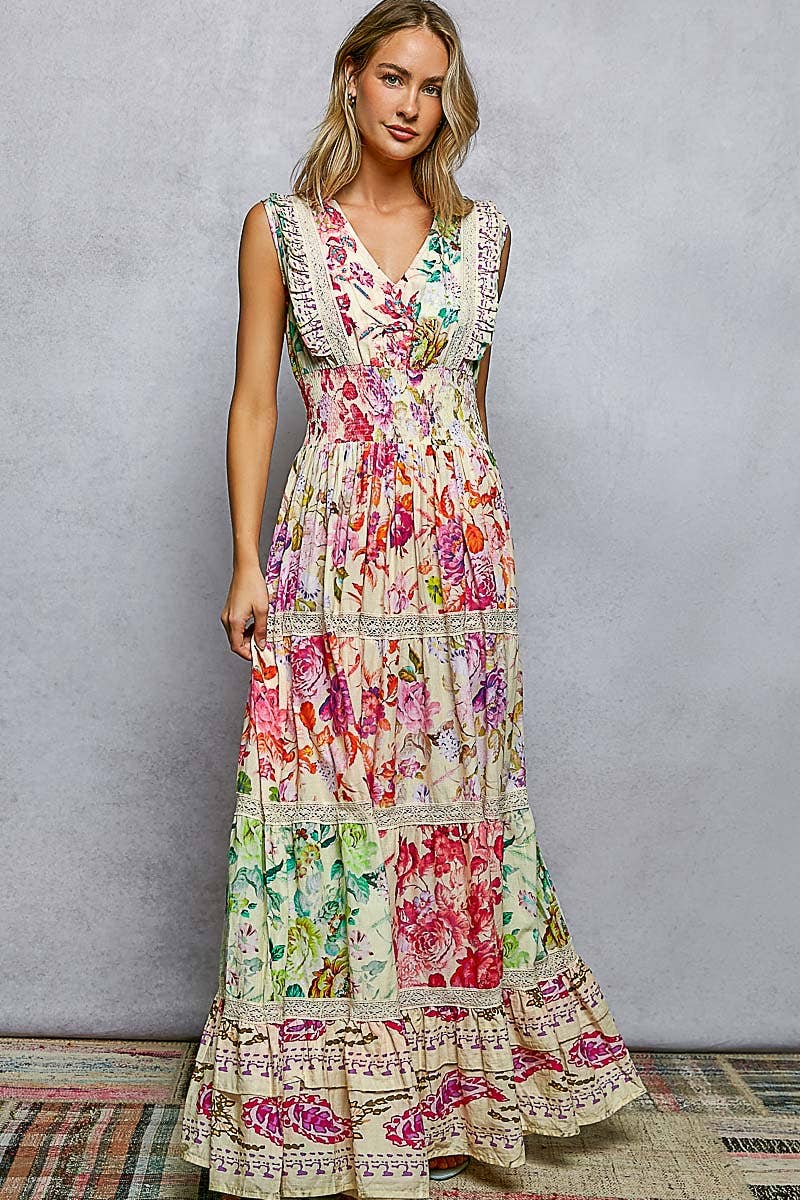Cream Multi Feminine V-neck Smocked Waist Ruffle Floral Maxi POL Dress