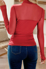 Fiery Red Sheer Mesh Patchwork High Neck Long Sleeve Top