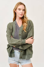 Green Washed Button-Front Cardigan Jacket with Pockets