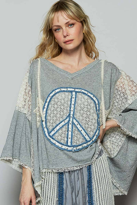 Heather Grey Vintage washed short sleeve peach patch solid POL top