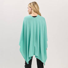 Black Asymmetrical Hem Solid Pull Through Draped Tie-Front Wrap Poncho