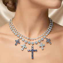 Blue Gold Opal Crystal Cross Charm Station Layered Statement Necklace