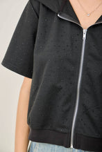 IJ3526 Rhinestone-Adorned Short Sleeve Zip-Up Hoodie Jacket: Black / L