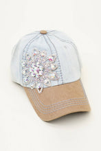 Light Denim Tan Sunflower Bejeweled Glitz Two-Toned Cap, Adjustable: