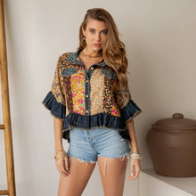 Latte Distressed Denim Crop Jacket with Ruffled Hem