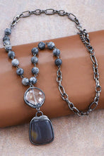 Grey Natural Stone Pendant Beaded Chain Link Necklace
