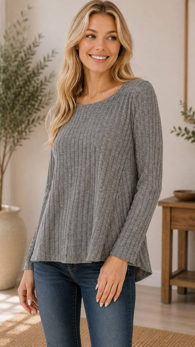Grey Long Sleeve Textured Round Neck Top