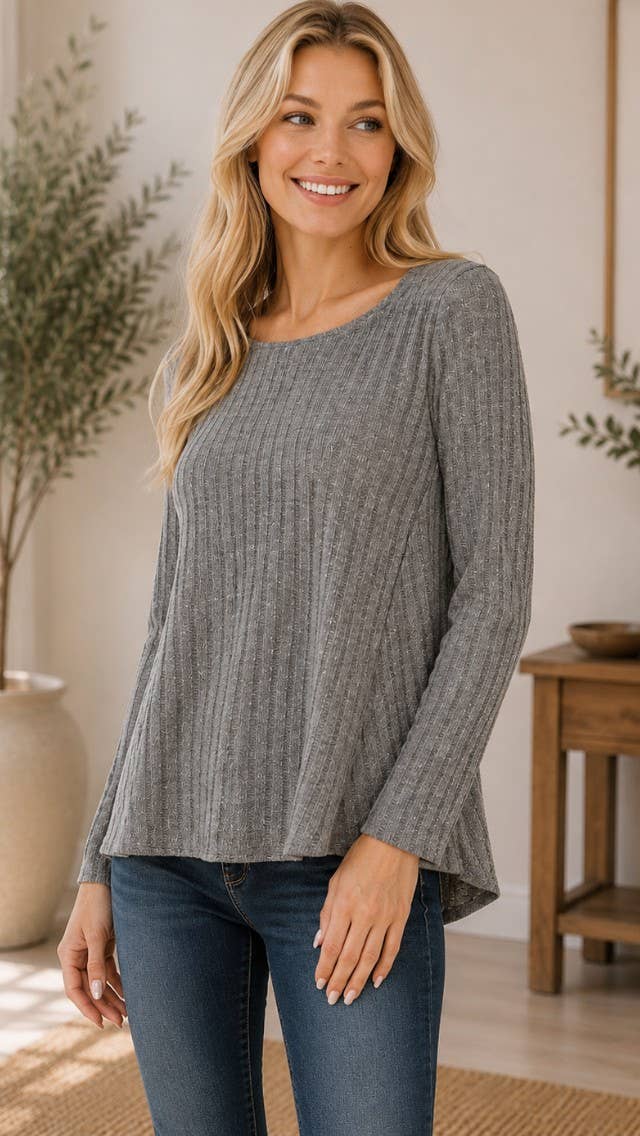 Grey Long Sleeve Textured Round Neck Top