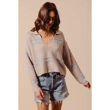 FUZZY HAIRY STRIPE DEEP U NECK SWEATER TOP: MUSTARD/DT BLUE / XL
