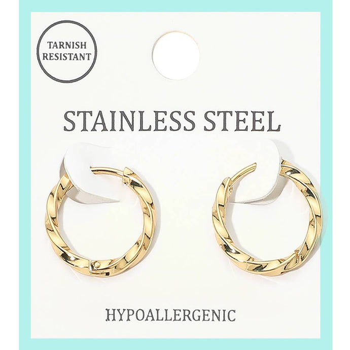 Gold Stainless Steel Twisted Small Huggie Hoop Earrings