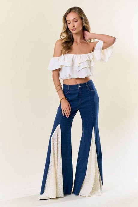 Bell Bottom Denim Lace Insert Trim Saints & Hearts Pants