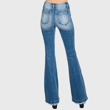 Distressed Mid Rise Stretch Flare Trouser Hem Pants