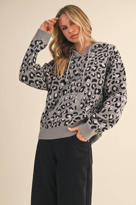 Grey Leopard Front Pocket Hoodie