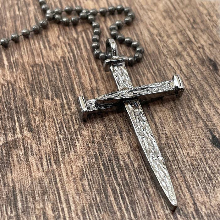 Large Rugged Nail Cross Pendant With Gunmetal Chain