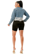 Blue Lace & Pearl Embellished Cropped Denim Jacket